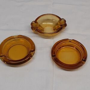 Set of 3 Vintage 4" Round Amber Glass Cigarette Ashtrays, MCM